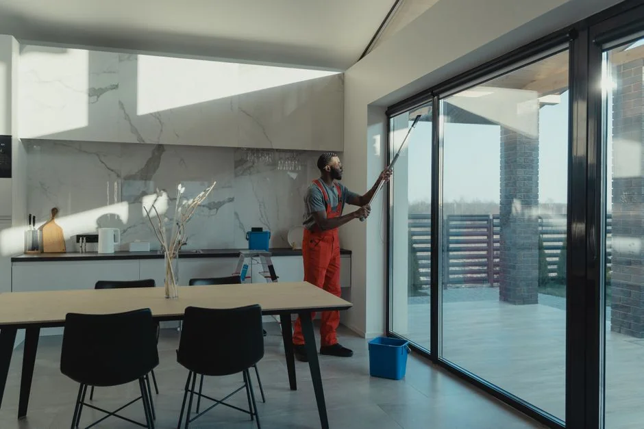 An adult male cleaning a glass window indoors, focusing on household chores and cleanliness.